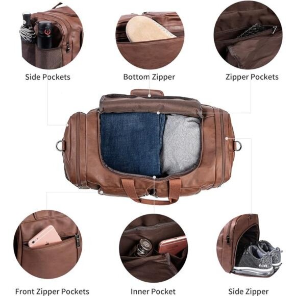 Leather Travel Bag with Shoe Pouch,Weekender Overnight Bag Waterproof Leather - Picture 5 of 7